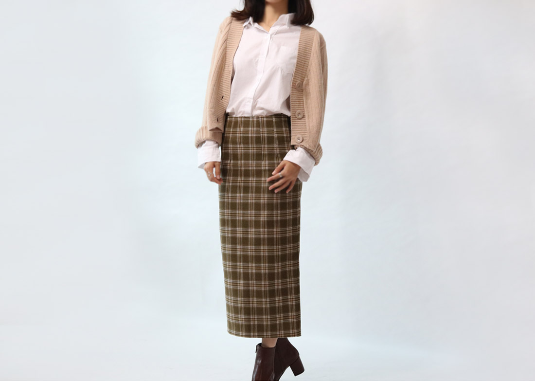 H Line Check Long Skirts Midi Mid Autumn Winter Wo