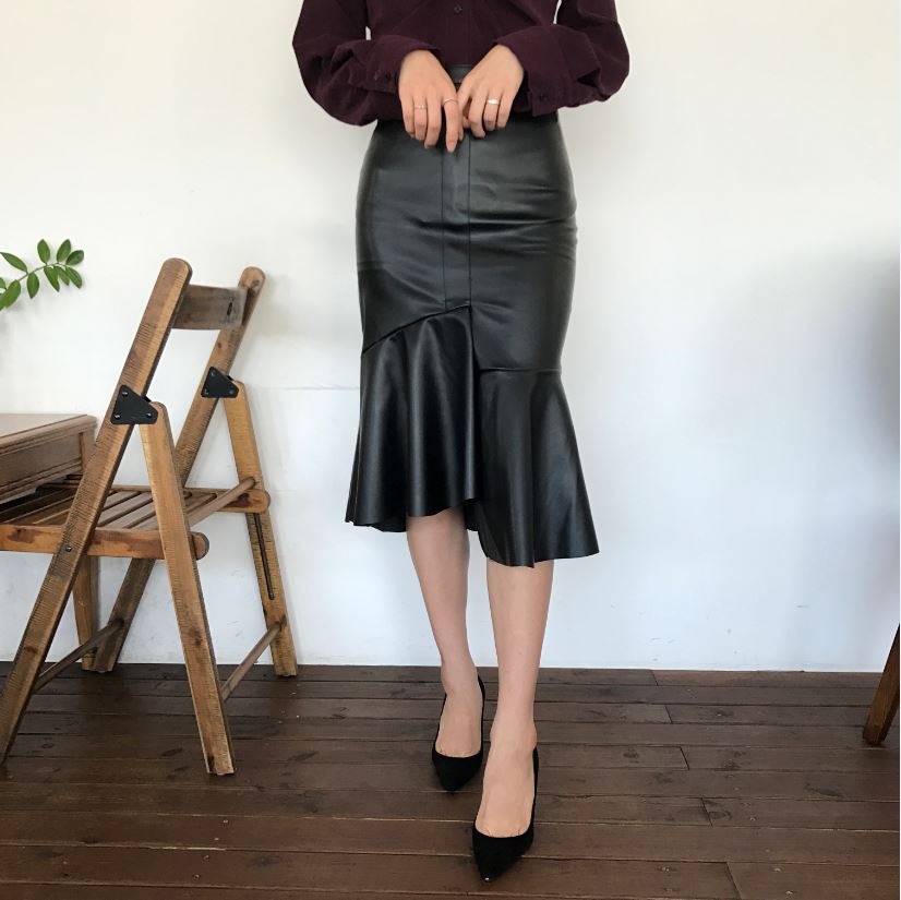 Unalud Leather Mermaid Black Long Skirt Midi Leath