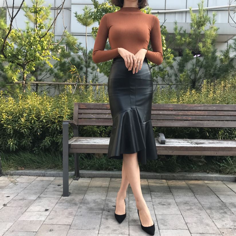 Unalud Leather Mermaid Black Long Skirt Midi Leath