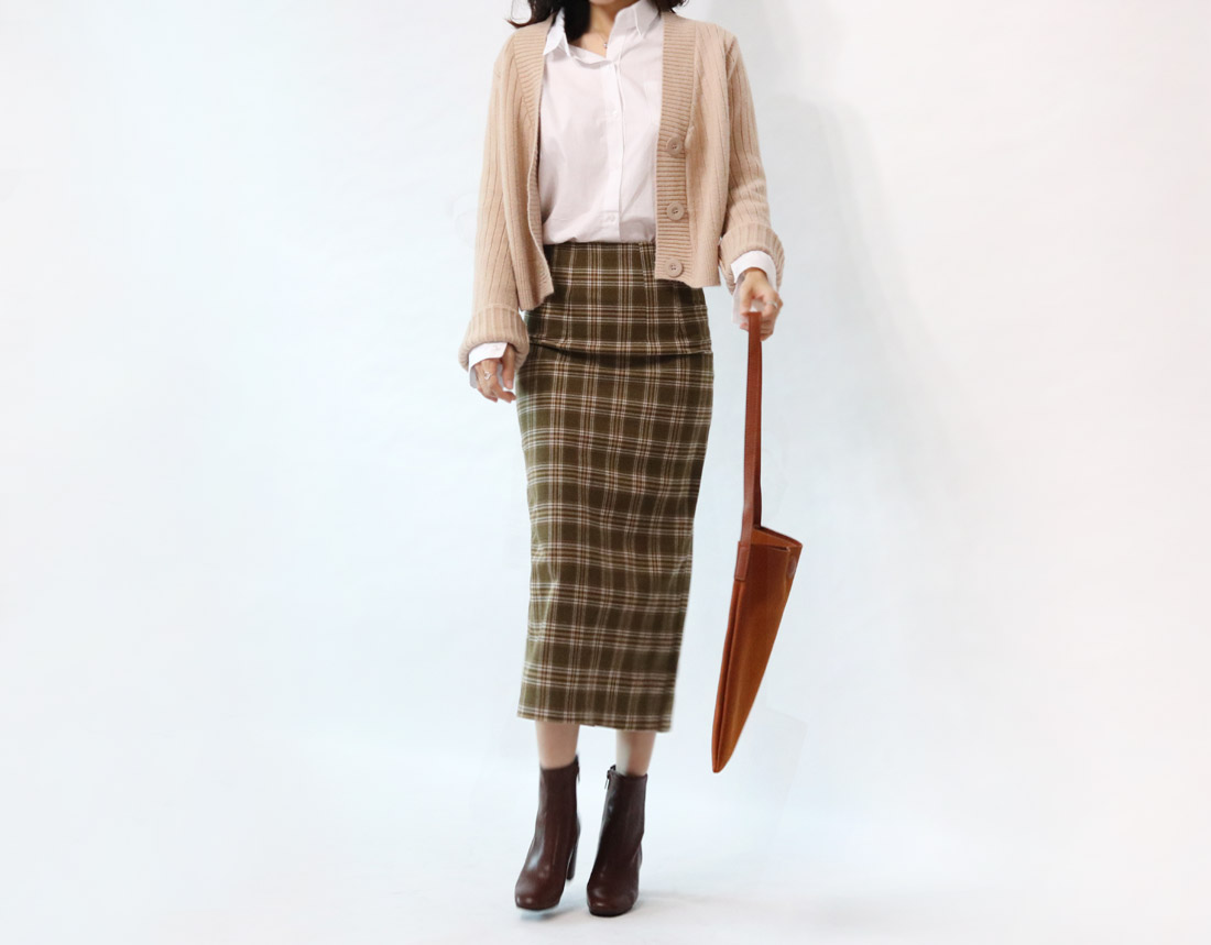 H Line Check Long Skirts Midi Mid Autumn Winter Wo