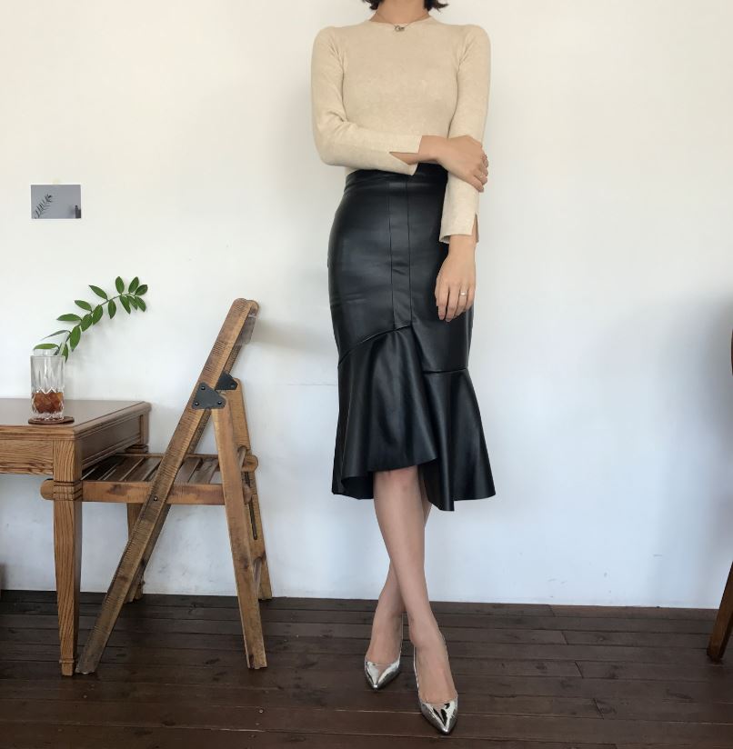 Unalud Leather Mermaid Black Long Skirt Midi Leath