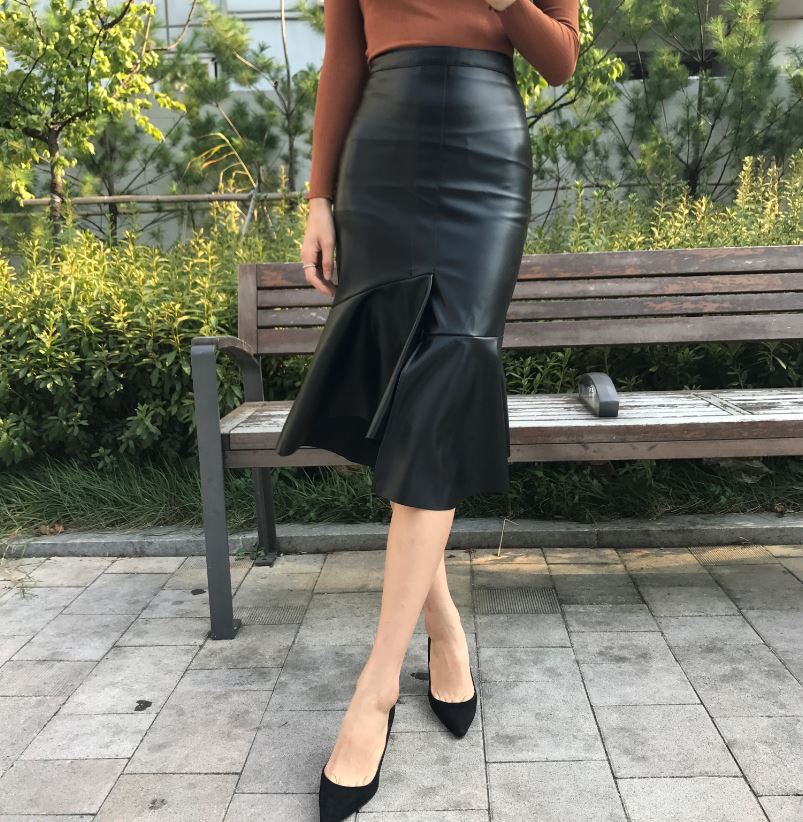 Unalud Leather Mermaid Black Long Skirt Midi Leath