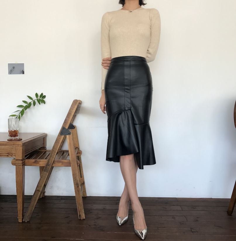 Unalud Leather Mermaid Black Long Skirt Midi Leath