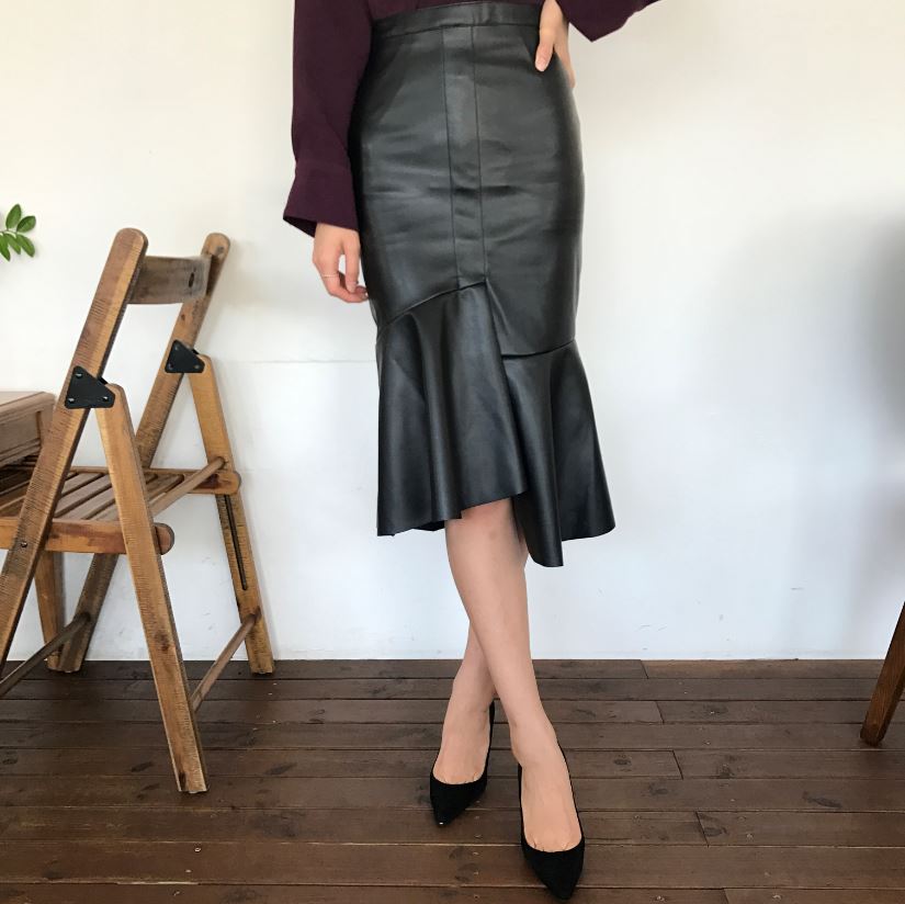 Unalud Leather Mermaid Black Long Skirt Midi Leath