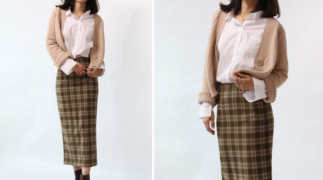 H Line Check Long Skirts Midi Mid Autumn Winter Wo