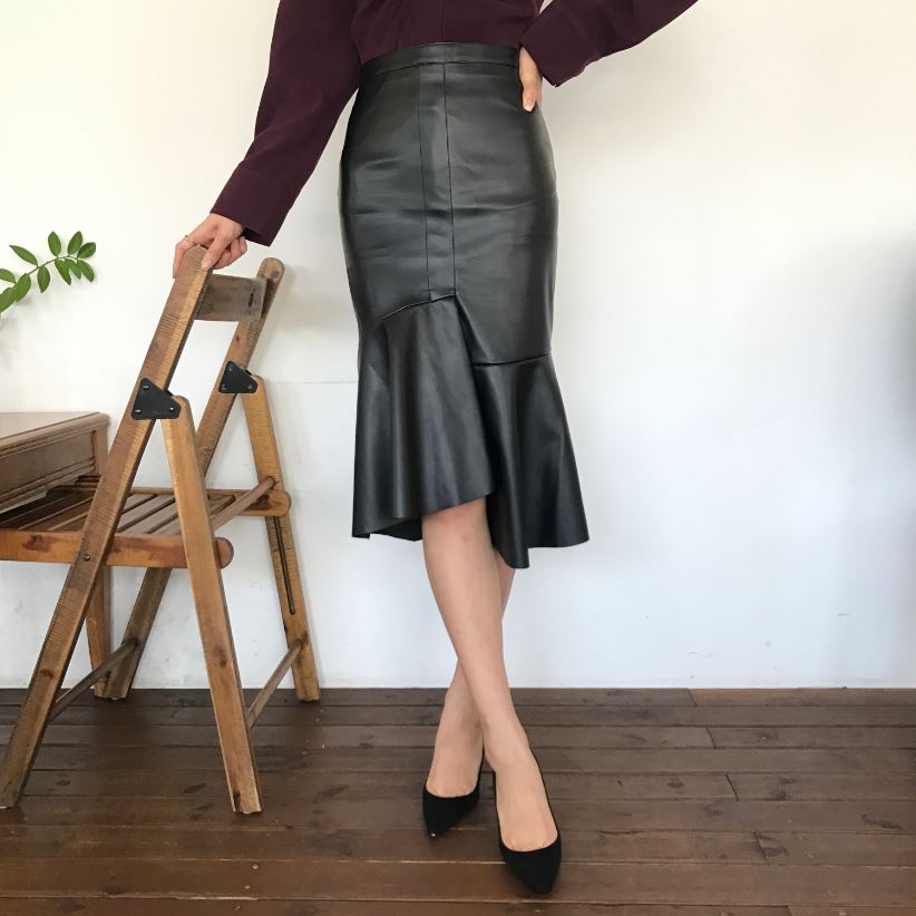 Unalud Leather Mermaid Black Long Skirt Midi Leath