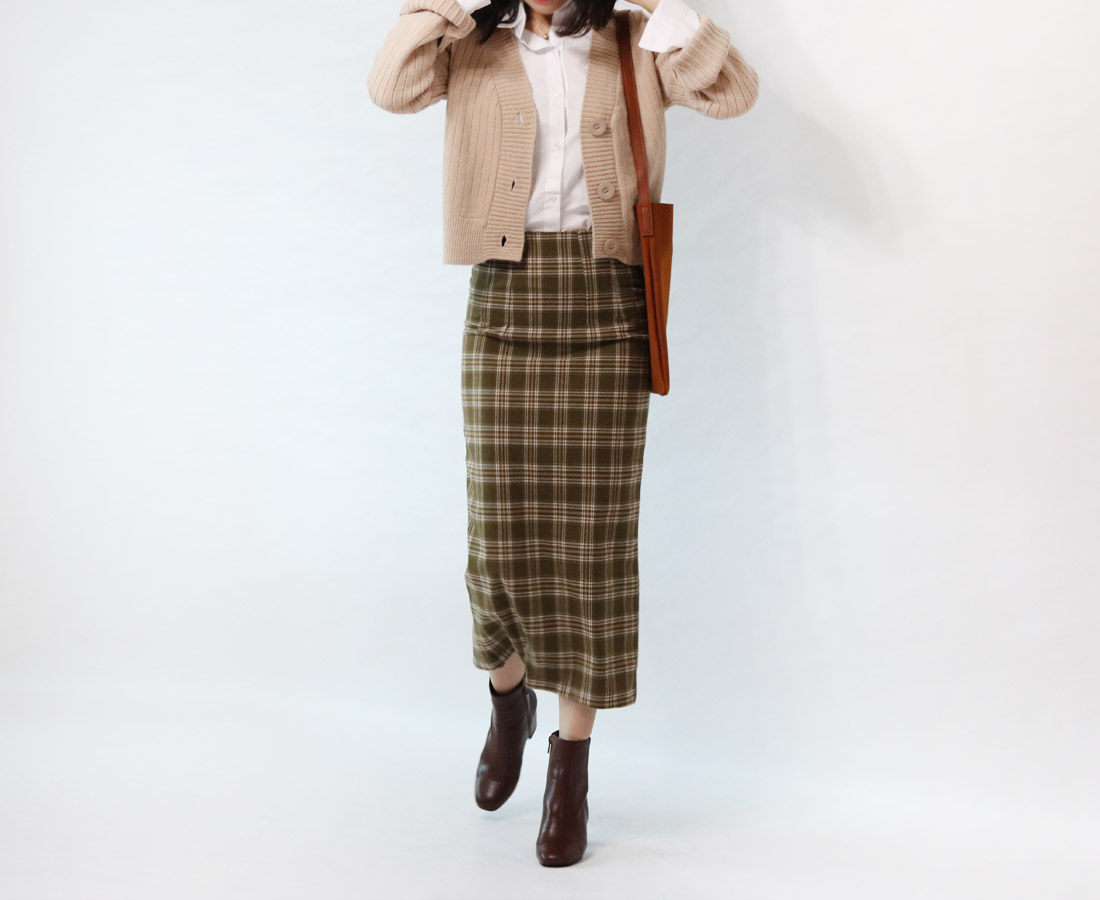 H Line Check Long Skirts Midi Mid Autumn Winter Wo