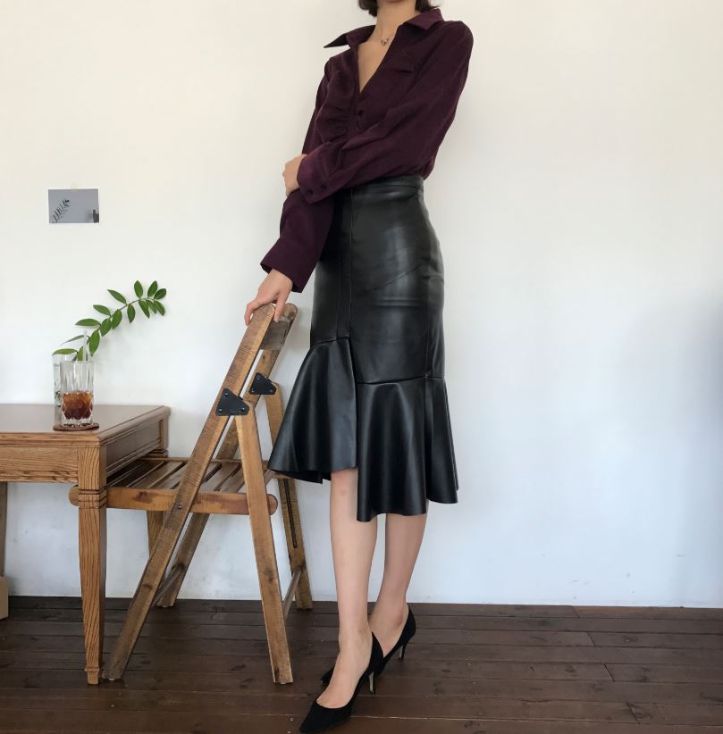 Unalud Leather Mermaid Black Long Skirt Midi Leath