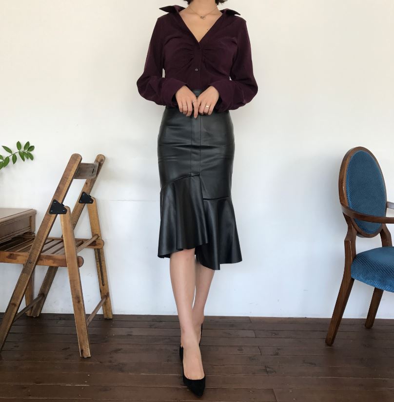 Unalud Leather Mermaid Black Long Skirt Midi Leath