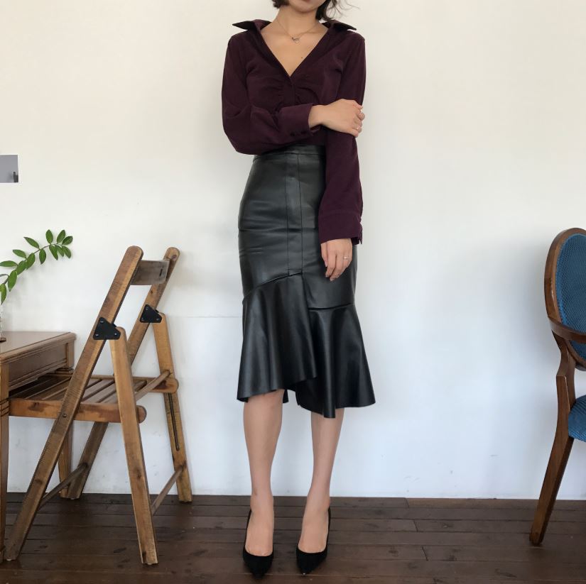 Unalud Leather Mermaid Black Long Skirt Midi Leath