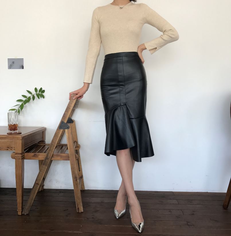 Unalud Leather Mermaid Black Long Skirt Midi Leath