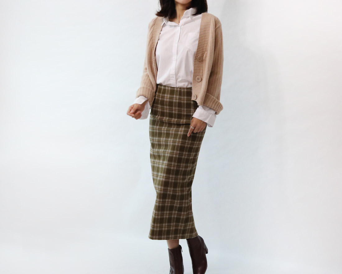 H Line Check Long Skirts Midi Mid Autumn Winter Wo