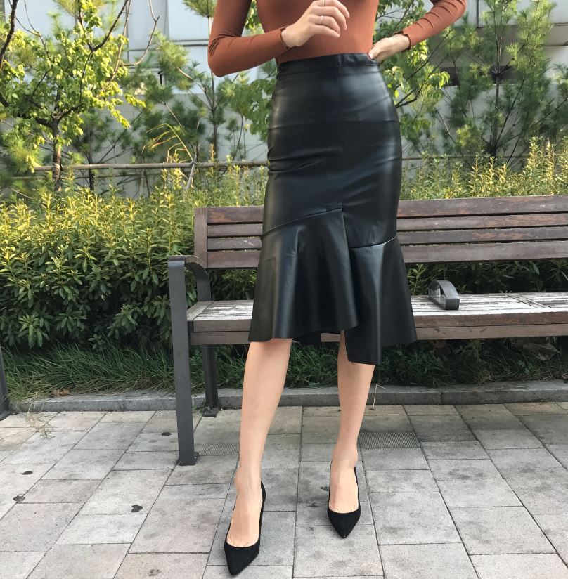Unalud Leather Mermaid Black Long Skirt Midi Leath