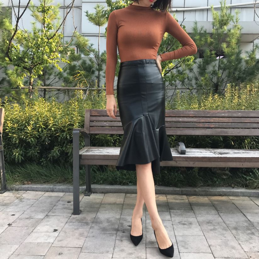 Unalud Leather Mermaid Black Long Skirt Midi Leath
