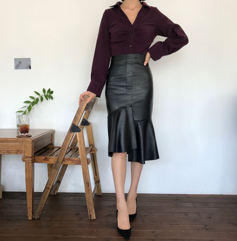 Unalud Leather Mermaid Black Long Skirt Midi Leath