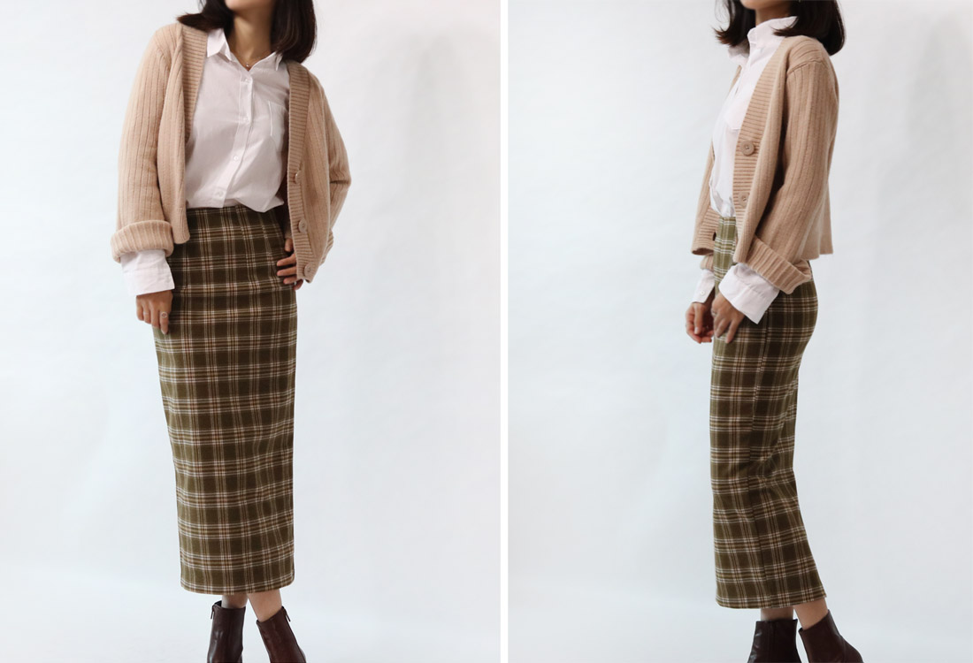 H Line Check Long Skirts Midi Mid Autumn Winter Wo