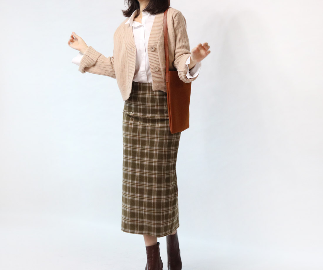 H Line Check Long Skirts Midi Mid Autumn Winter Wo
