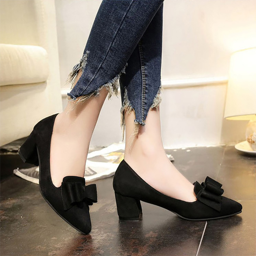 Suede Pumps Ribbon Middle Hill Stiletto Shoes 6cm 