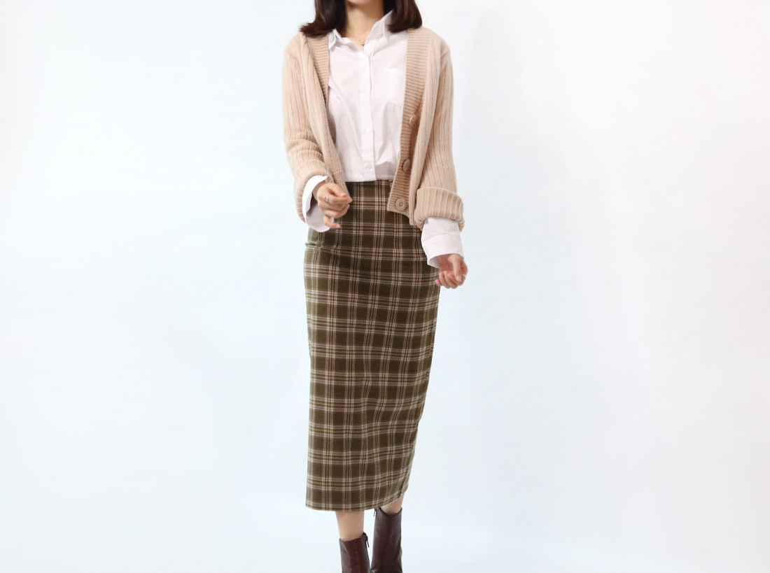 H Line Check Long Skirts Midi Mid Autumn Winter Wo