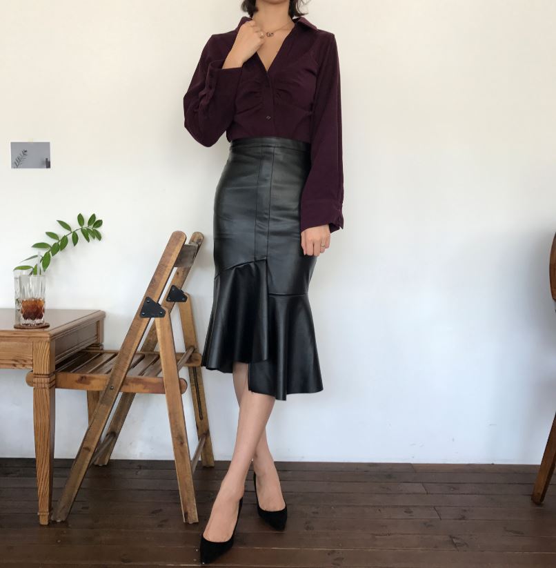 Unalud Leather Mermaid Black Long Skirt Midi Leath