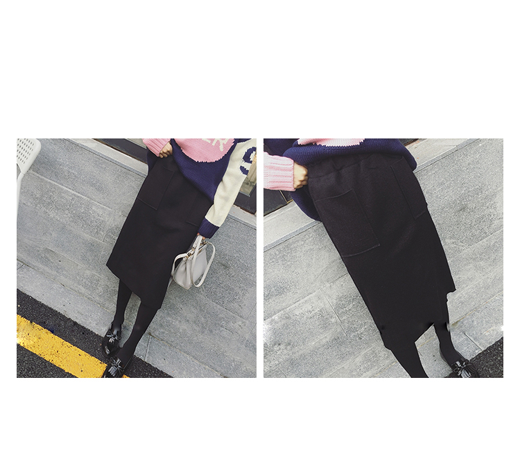 Maid Jay Pocket H Line-Bending Wool Long Skirt Fal