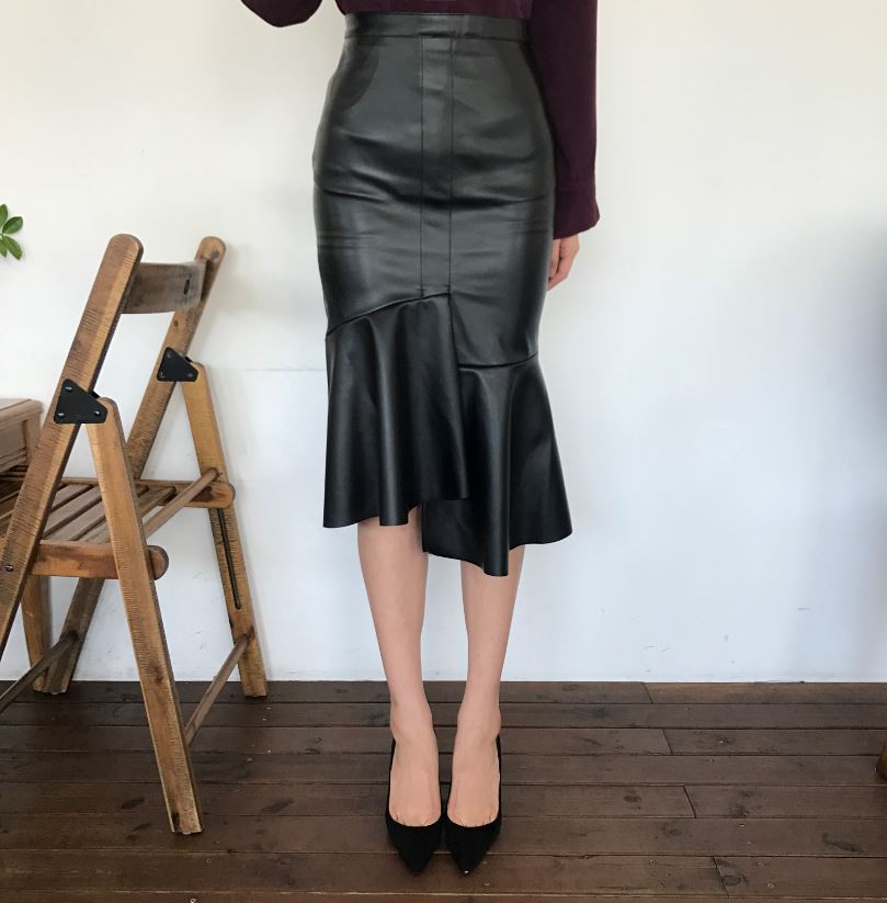 Unalud Leather Mermaid Black Long Skirt Midi Leath