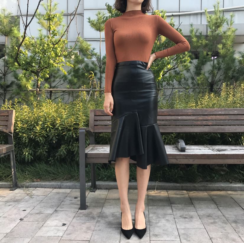 Unalud Leather Mermaid Black Long Skirt Midi Leath