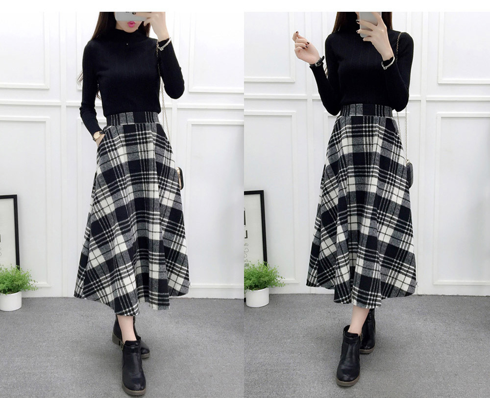 Check wool long flare skirt Midi 20s 4 Misaki look