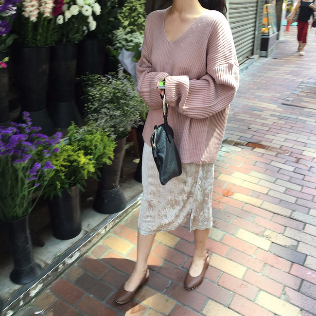 Velvet lace long skirt 2color