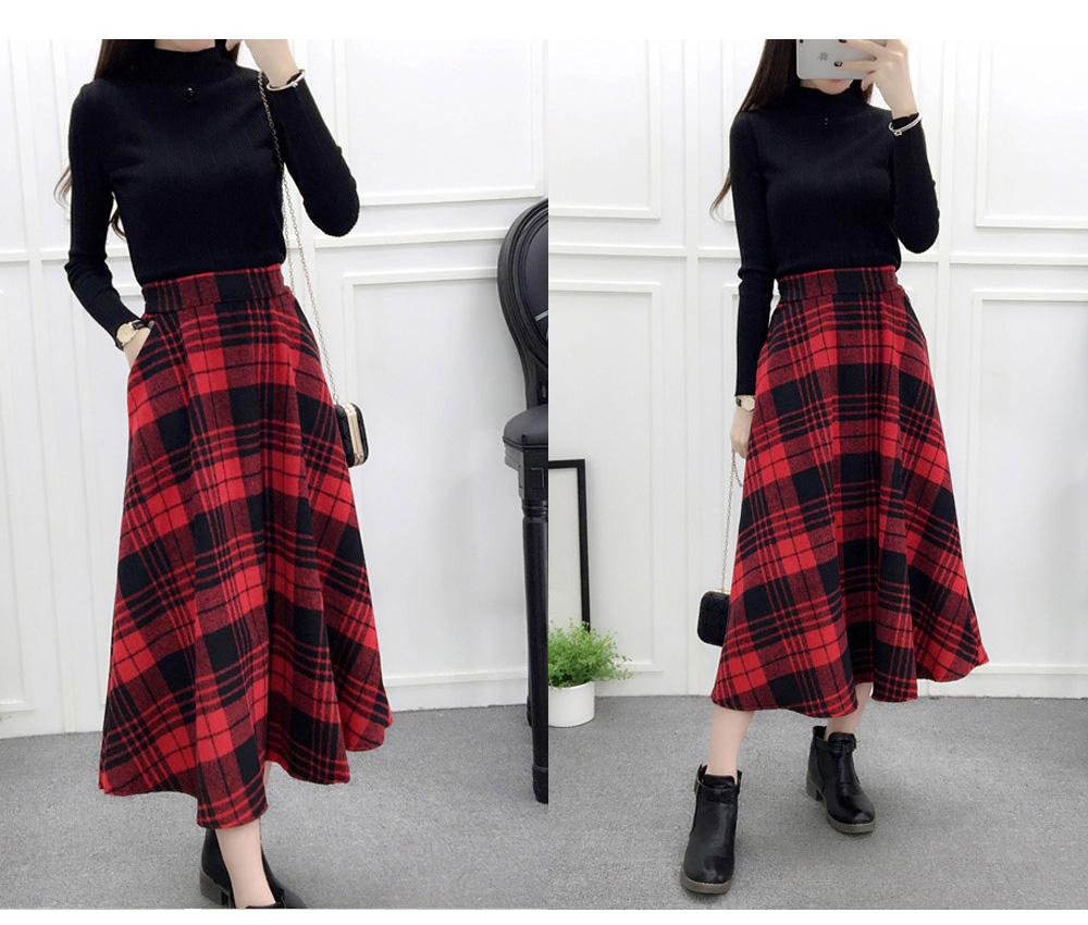 Check wool long flare skirt Midi 20s 4 Misaki look