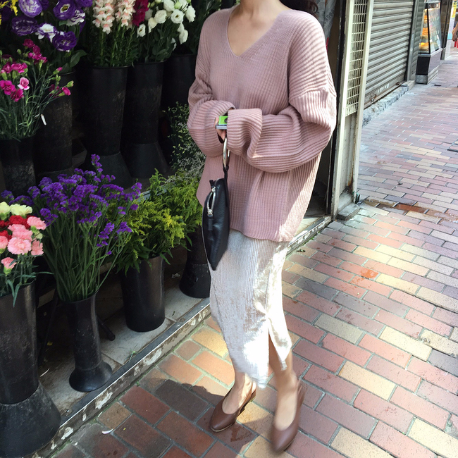 Velvet lace long skirt 2color