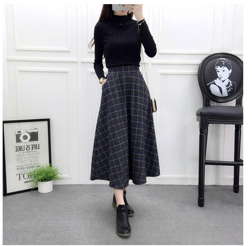 Check wool long flare skirt Midi 20s 4 Misaki look