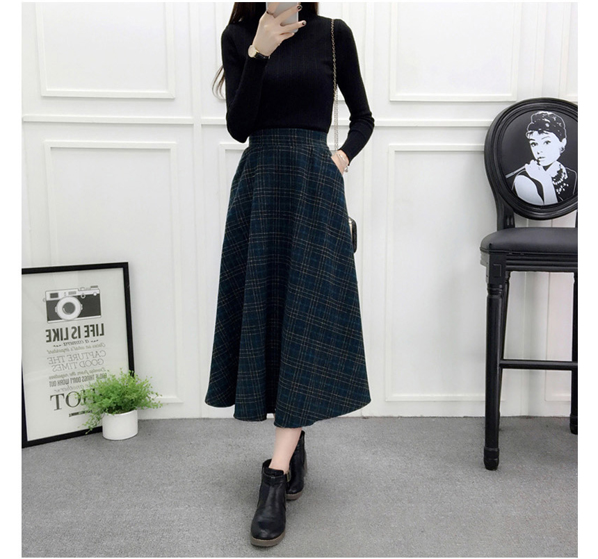 Check wool long flare skirt Midi 20s 4 Misaki look