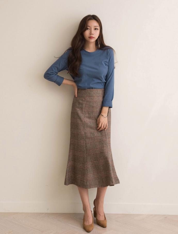 Fall Mermaid Check Long Skirt Pattern Skirt