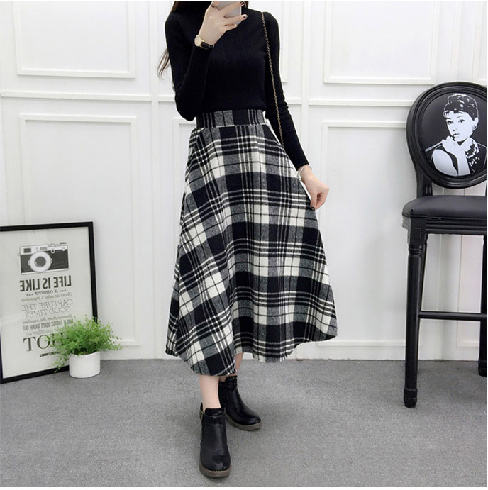 Check wool long flare skirt Midi 20s 4 Misaki look