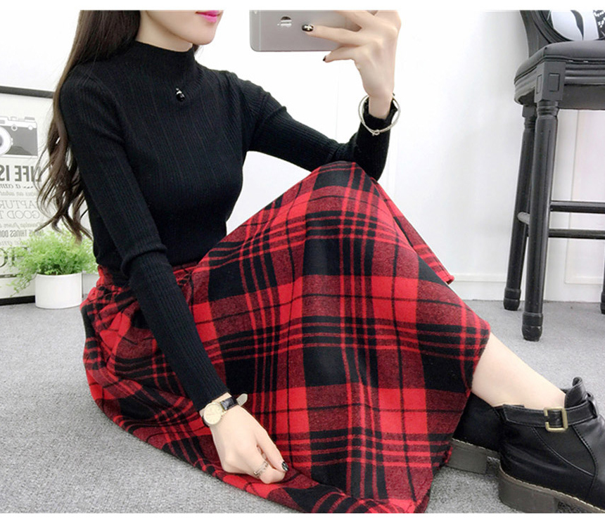 Check wool long flare skirt Midi 20s 4 Misaki look