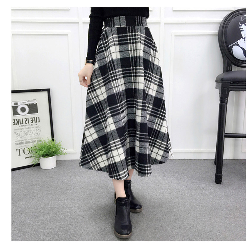 Check wool long flare skirt Midi 20s 4 Misaki look