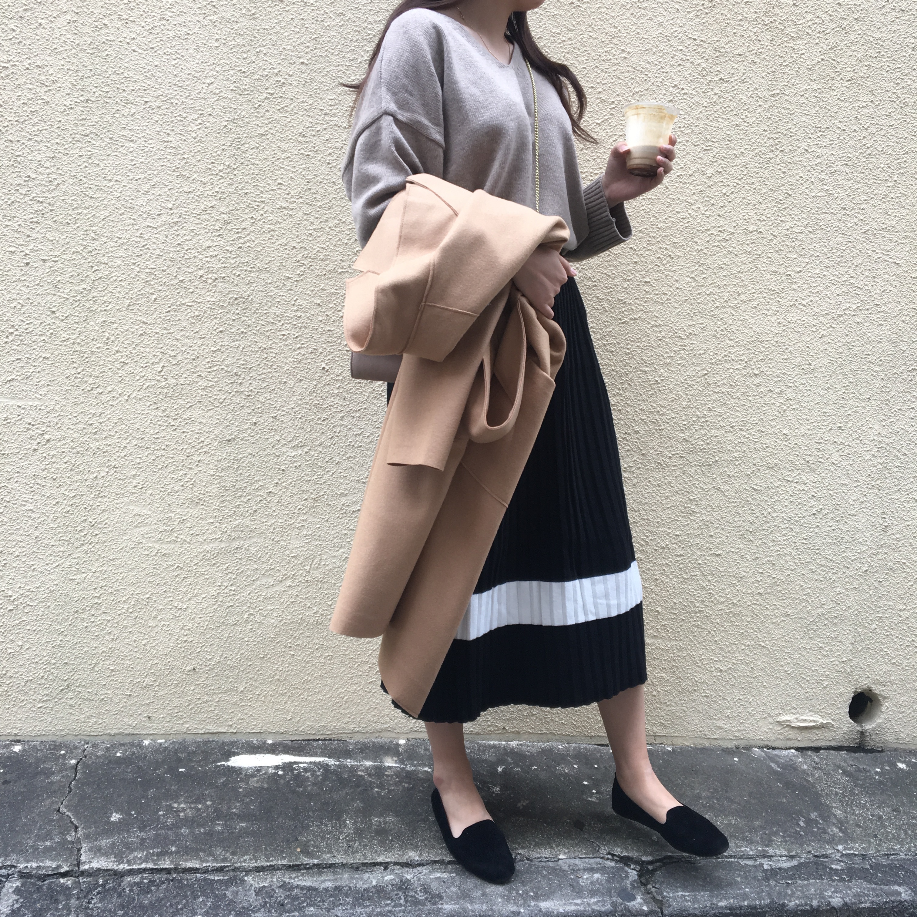 One-line Pleats Knit Long Skirt Women Fall Winter 