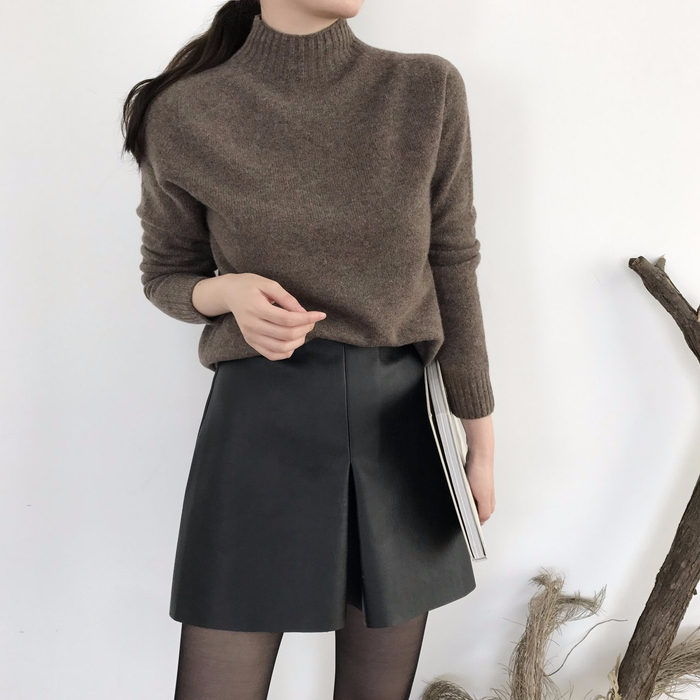 Incision a-line leather miniskirt Autumn leather p