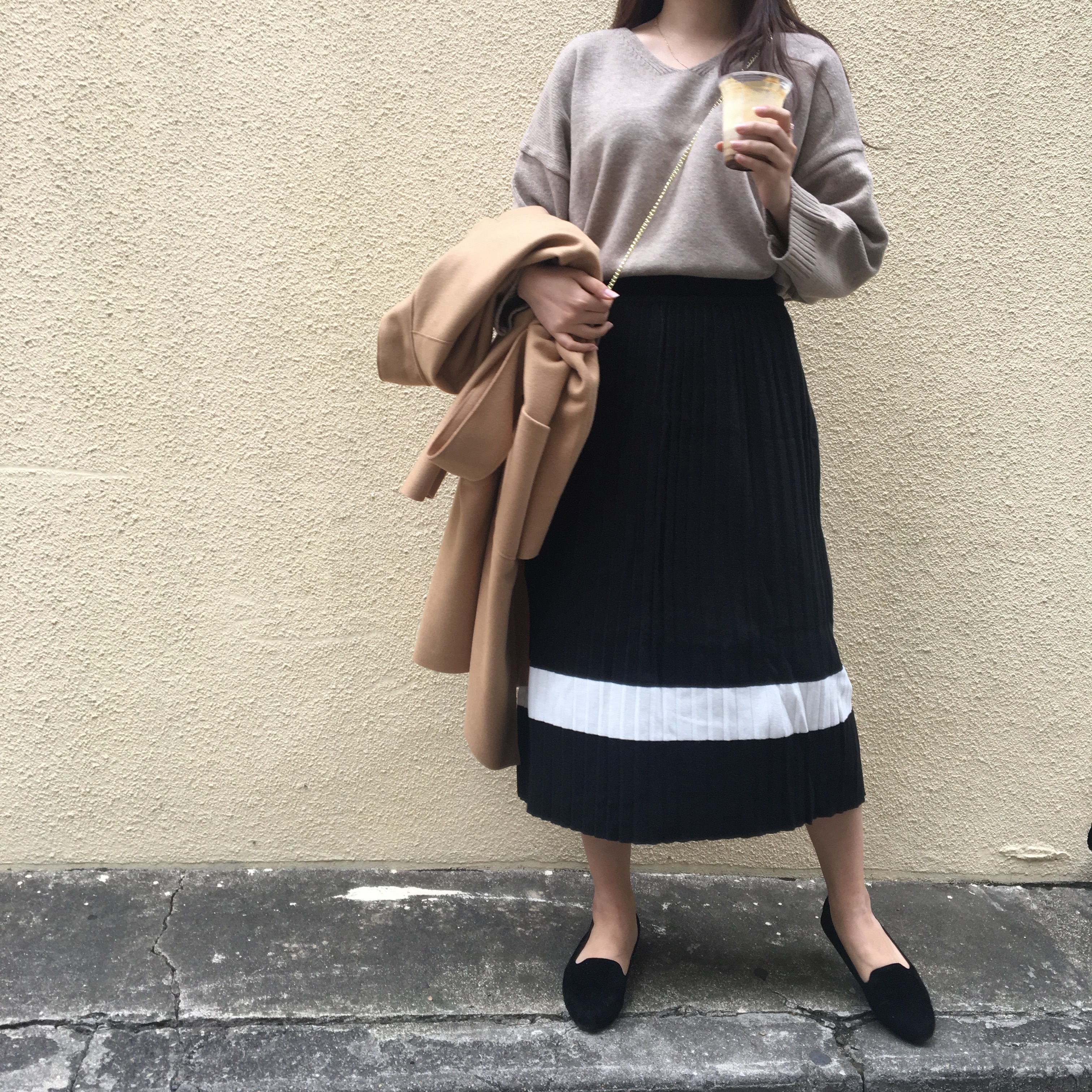 One-line Pleats Knit Long Skirt Women Fall Winter 