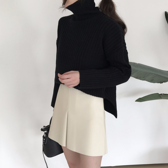 Incision a-line leather miniskirt Autumn leather p