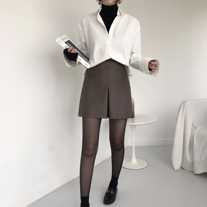 Incision a-line leather miniskirt Autumn leather p