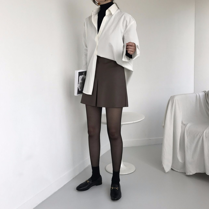 Incision a-line leather miniskirt Autumn leather p