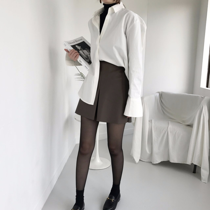 Incision a-line leather miniskirt Autumn leather p