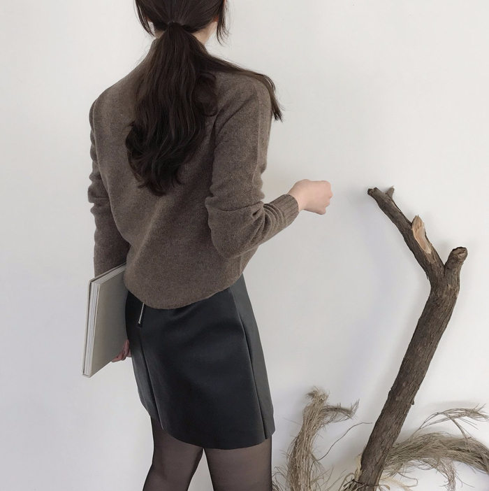 Incision a-line leather miniskirt Autumn leather p