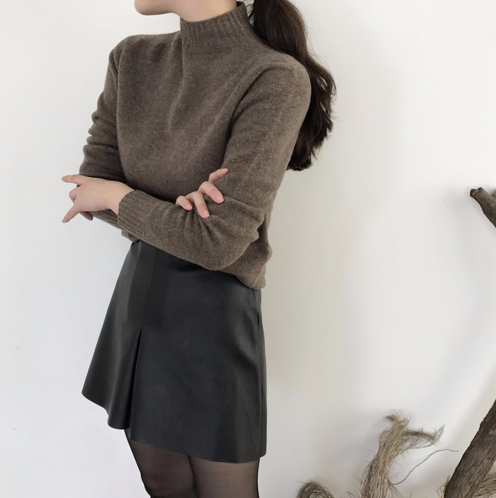 Incision a-line leather miniskirt Autumn leather p