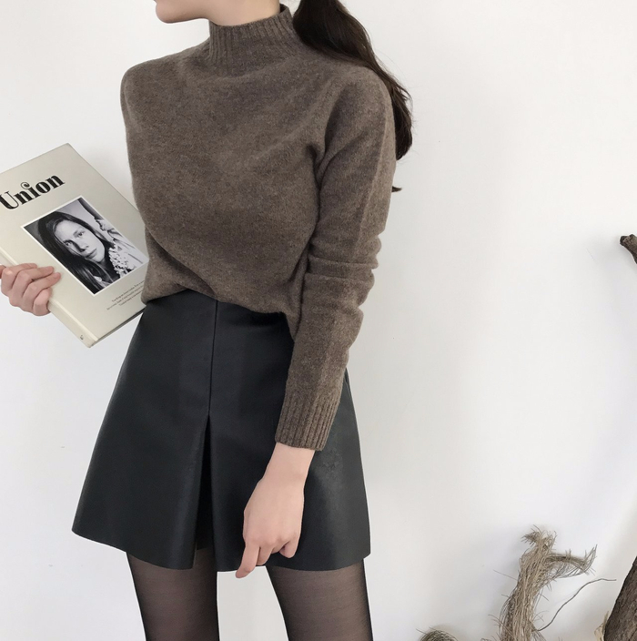 Incision a-line leather miniskirt Autumn leather p