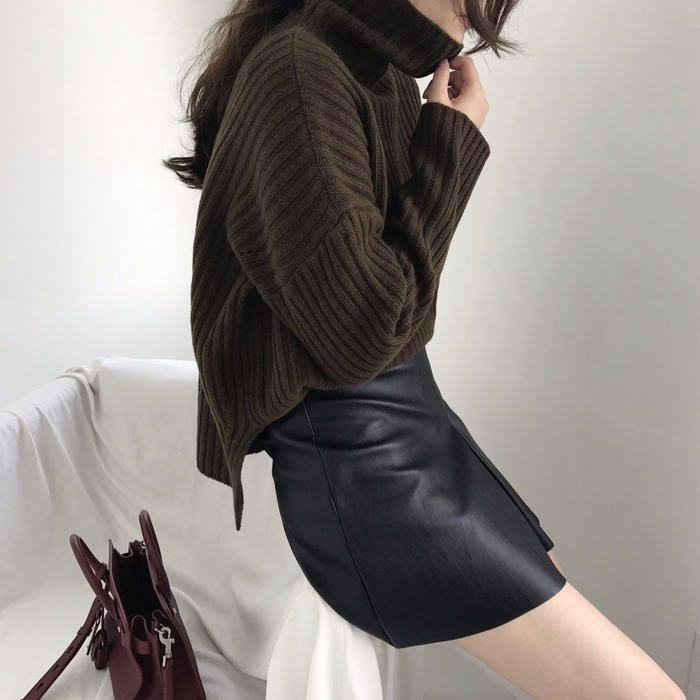 Incision a-line leather miniskirt Autumn leather p