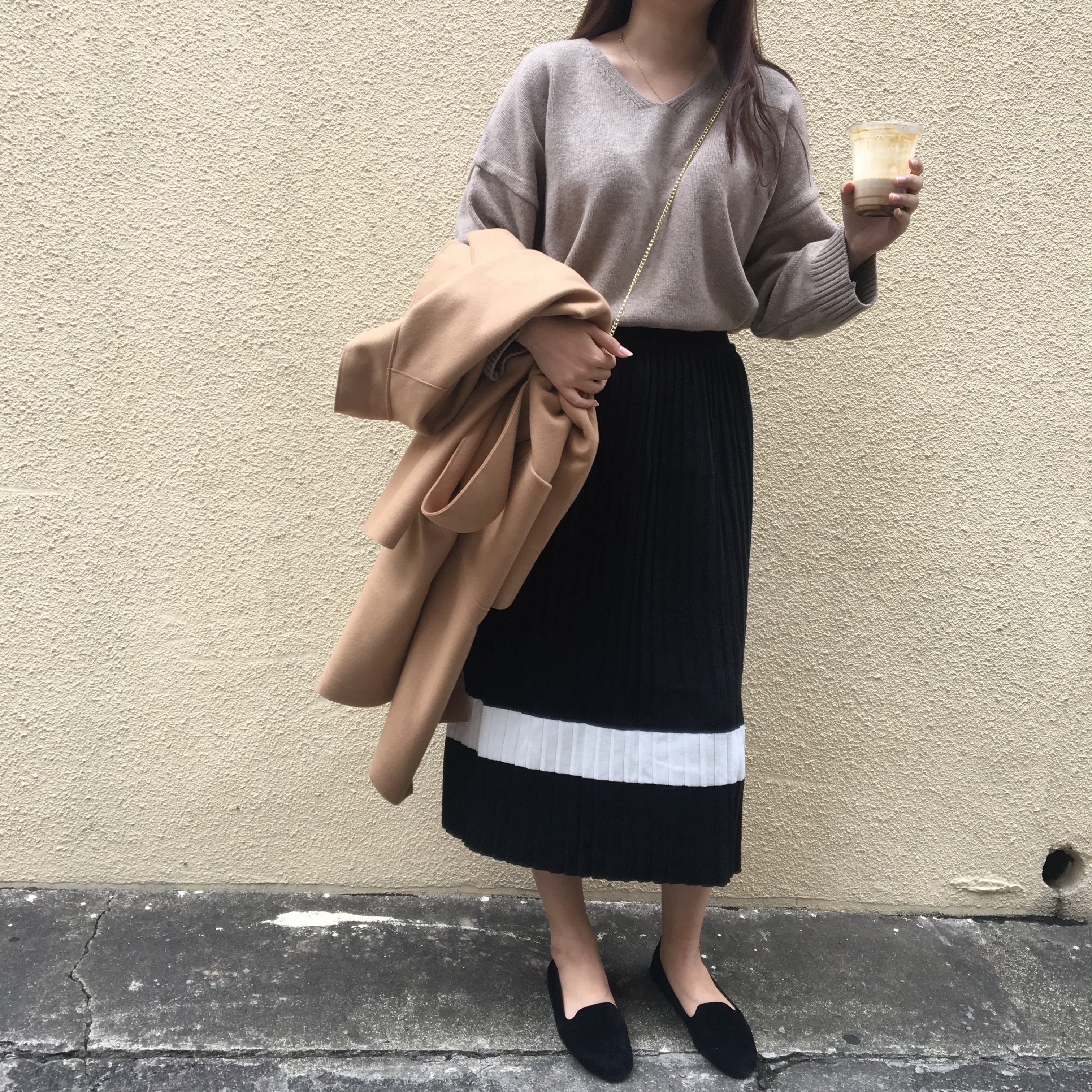 One-line Pleats Knit Long Skirt Women Fall Winter 