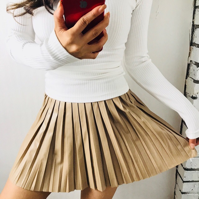 Leather leather pleated mini skirt 2color Ittem wo
